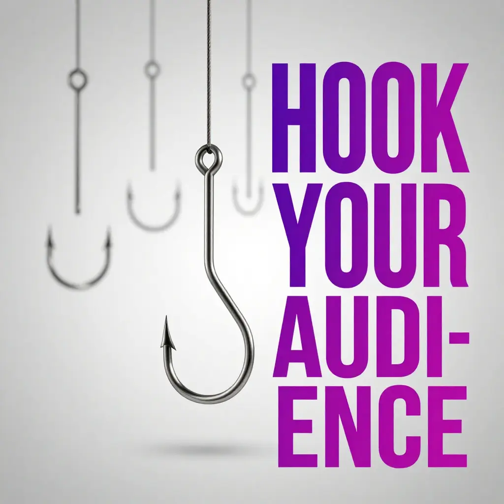 a large fishing hook hanging in the foreground with the words hook your audience, created by best freelance digital marketer in thrissur