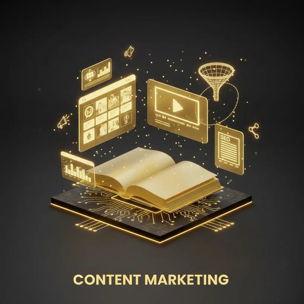 Yellow and black content marketing service image by the best freelance digital marketer in Thrissur.