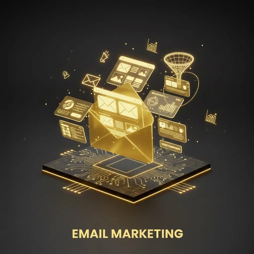 Yellow and black Email marketing service image illustration by the best freelance digital marketer in Thrissur.