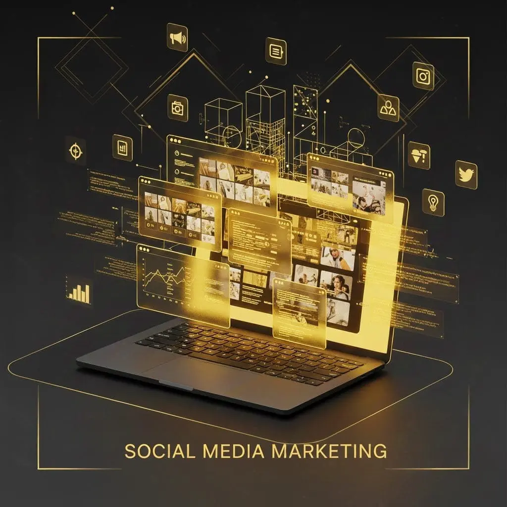 Modern yellow and black SMM graphic featuring social media icons, analytics, and audience reach by the best freelance digital marketer in Thrissur.